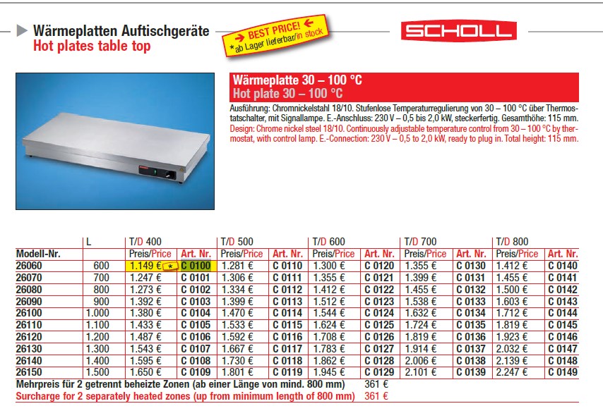 Scholl Wärmeplatte 26060 Auftischgerät 30 - 100°C